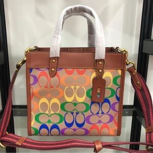 Coach Rainbow Signature Canvas Shoulder Bag with Brown Leather Trim